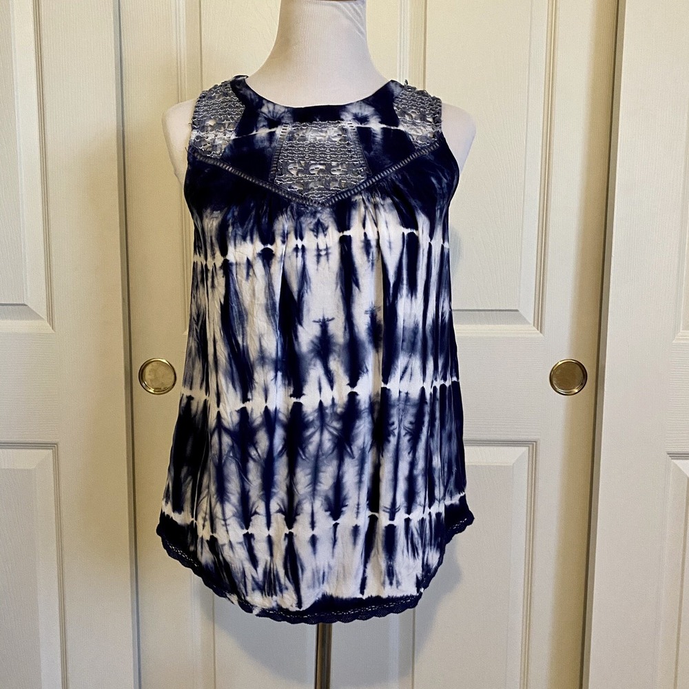 Knox Rose Navy Tie Dye Crochet Yoke Boho Tank Top Shibori Rayon Sz XS Target‎